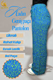 Kadın Pamuklu Dokuma Desenli Bol Kesim Geniş Paça Pantolon
