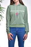 Kulis Kadın Yeşil Yazı Baskılı Kapşonlu Kısa Sweatshirt