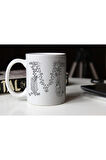 Özel Tasarım Siyah-beyaz Çiçekli M Harfi Baskılı Porselen Kupa Tfs