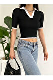 Kadın Siyah Yakası Renkli Polo Yaka Fitilli Kısa Kollu Triko Crop Bluz