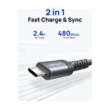 Jsaux Micro USB 2 Metre 2.4A Hızlı Şarj ve Data Kablosu cc0023 Gri 2 Metre