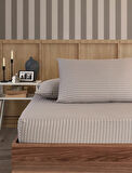 Pamuklu Çizgili Saten Çift Kişilik Lastikli Çarşaf Takımı 180x200 Cm 2 Adet Yastık Kılıfı 50x70 Cm Taş Gri