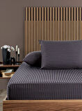 Pamuklu Çizgili Saten Çift Kişilik Lastikli Çarşaf Takımı 180x200 Cm 2 Adet Yastık Kılıfı 50x70 Cm Antrasit