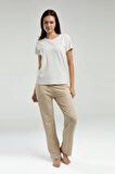 Kadın Sade Yazlık Kısa Kol Desenli Uzun Pantolon Pijama Takımı