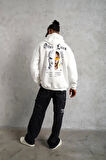 Erkek Sırt Baskılı Oversize Üç İplik Kapüşonlu Sweatshirt - Beyaz