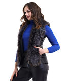 Kadın Fermuarlı Koyun Derisi Tilki Kürkü - Siyah