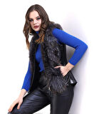 Kadın Fermuarlı Koyun Derisi Tilki Kürkü - Siyah