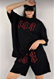 Kadın Unisex Nakış İşlemeli Şort Takım - Siyah