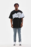 Unisex Bisiklet Yaka Baskılı Oversize T-Shirt - Siyah