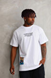 Unisex Bisiklet Yaka Baskılı Oversize T-Shirt - Beyaz