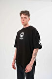 Unisex Bisiklet Yaka Baskılı Oversize T-Shirt - Siyah