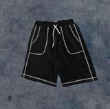 Unisex Dikişli Cepli Oversize Şort - Siyah