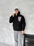 Uzun Kol Kapüşonlu Ön Ve Arka Baskılı SweatShirt - Siyah