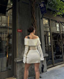 Straplez , Madonna , Carmen Yaka Croplu Mini Etekli ikili Takım Triko - Beyaz