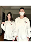 Tavşan Baskılı Sevgili Çift Kombini Kapüşonlu Sweatshirt & Hodie - Beyaz