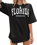 Kadın Bisiklet Yaka Baskılı T-shirt - Siyah