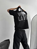 Baskılı Oversize Bisiklet Yaka T-shirt - Siyah