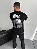 Baskılı Oversize Bisiklet Yaka T-shirt - Siyah