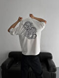 Baskılı Oversize Bisiklet Yaka T-shirt - Beyaz