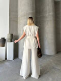 Keten Sıfır Kol Kuşaklı Ceket Pantolon ikili Takım - Beyaz