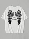 20/1 Penye Compack Dark Angel Baskılı Oversize Kısa Kol Yazlık T-shirt- Beyaz