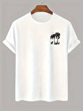 20/1 Penye Compack Palmiye Baskılı Oversize Bisiklet Yaka Kısa Kol T-shirt - Beyaz
