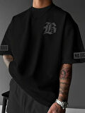 LB Ön Arka Baskılı Oversize Bisiklet Yaka Yazlık T-shirt - Siyah