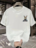 Güneş Gözlüğü Grafikli Karikatür Tavşan Oversize Kısa Kollu Tişört Çift Tişört, İlkbahar Ve Yaz - Beyaz