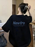 Newtro Baskılı Oversize Bisiklet Yaka T-shirt - Siyah