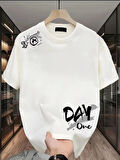 Day One Baskılı Oversize Bisiklet Yaka T-shirt - Beyaz