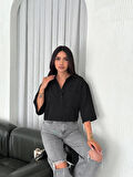 Z Krep Kadın Crop Yakalı Gömlek İlik Düğmeli Üç Çeyrek Sleeve Kol - Siyah