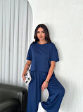 Osy Modal Yumuşak Dokulu Kumaş Bisiklet Yaka T-shirt Bol paça Pantalon ikili Takım -Saks Mavi