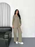 Yakalı Düğmeli Uzun Kollu Gömlek Pantolon ikili Takım - Bej