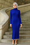 Kadın Boğazlı Uzun Fitilli Tesettüre Uygun Triko Dokuma Elbise - Saks Mavisi