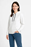 Kadın Üç İplik Kapüşonlu Kanguru Çepli SweatShirt hoodie - Beyaz