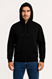 Erkek Üç İplik Kapüşonlu Tam Fermuarlı Kanguru Çepli SweatShirt Hoodie - Siyah