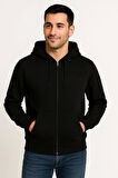 Erkek Üç İplik Kapüşonlu Tam Fermuarlı Kanguru Çepli SweatShirt Hoodie - Siyah