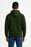Erkek Üç İplik Kapüşonlu Tam Fermuarlı Kanguru Çepli SweatShirt Hoodie - Haki