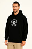 Üç İplik Kapşonlu ön ve Arka Baskılı SweatShirt hoodie- Siyah
