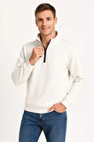 Erkek Dik Yaka Sweatshirt Dik Yaka Yarım Fermuarlı 3 İplik Şardonlu Pamuk Kumaş - Beyaz