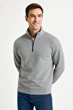 Erkek Dik Yaka Sweatshirt Dik Yaka Yarım Fermuarlı 3 İplik Şardonlu Pamuk Kumaş - Gri