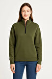 Kadın Üç İplik Dık Yaka Yarım Fermuarlı SweatShirt - Haki