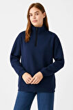 Kadın Üç İplik Dık Yaka Yarım Fermuarlı SweatShirt - Lacivert