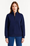 Kadın Üç İplik Dık Yaka Yarım Fermuarlı SweatShirt - Lacivert