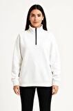 Kadın Üç İplik Dık Yaka Yarım Fermuarlı SweatShirt - Beyaz