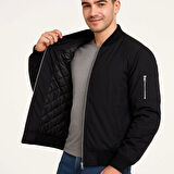 Erkek içi Astarlı Fermuarlı Bomber Mont Ceket - Siyah