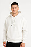 Erkek Ovarsize Kapüşonlu Swetshirt Kanguru Çepli Cıtcıtlı 3 iplik Şardonlu Hoodie - Beyaz