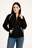 Kadın Oversize Dik Yaka Fermuarlı Sweatshirt - Zincir Nakışli Kanguru Cepli, - Siyah