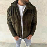 Erkek Pelüş Polar Hırka Gömlek – Yakalı, İlik Düğmeli, Göğüs Cepli, Yumuşak Dokulu Kışlık Regular Fit Rahat Günlük Model - Haki