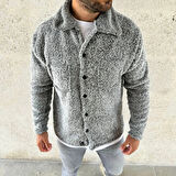 Erkek Pelüş Polar Hırka Gömlek – Yakalı, İlik Düğmeli, Göğüs Cepli, Yumuşak Dokulu Kışlık Regular Fit Rahat Günlük Model - Gri